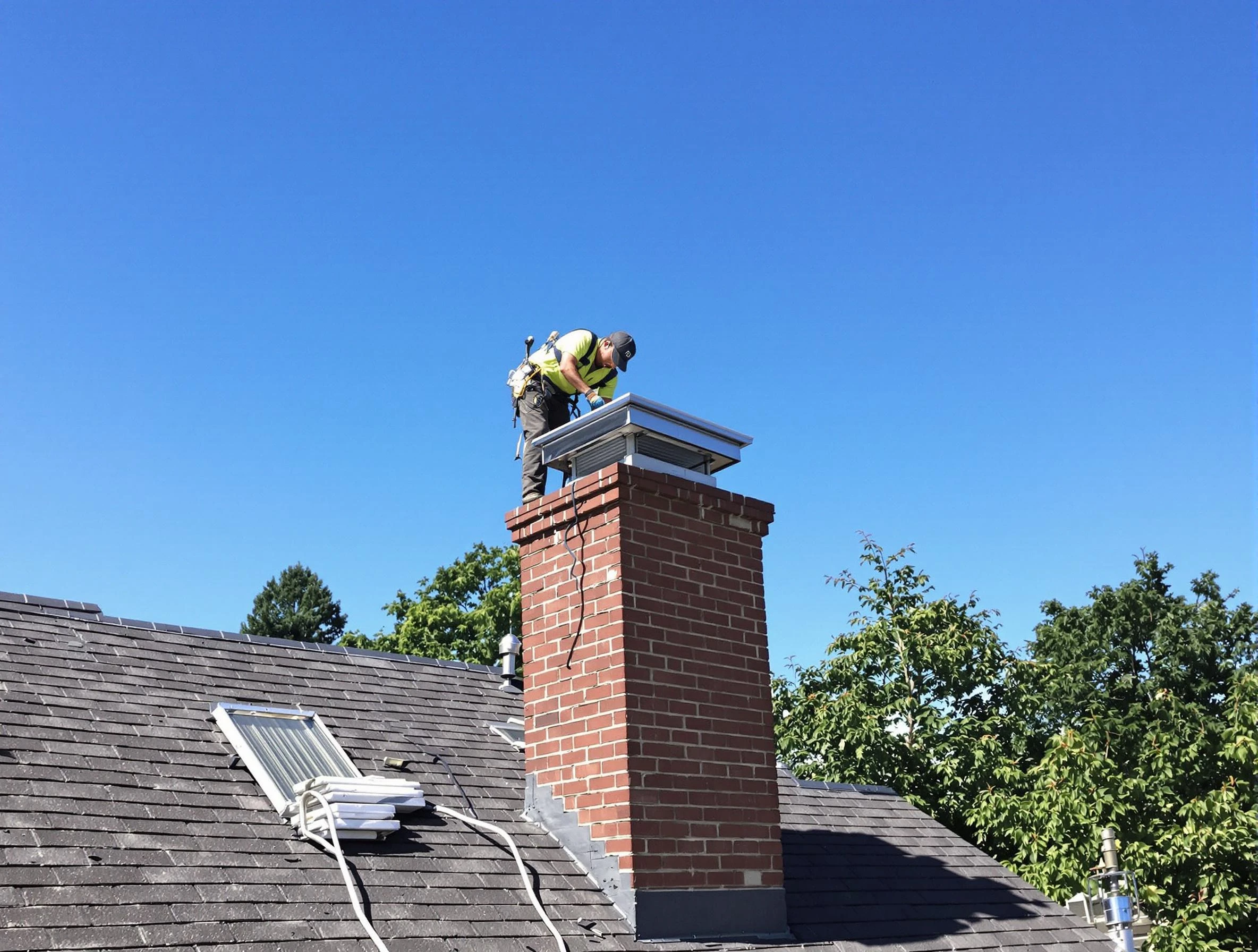 Palmetto Chimney Sweep technician measuring a chimney cap in Palmetto, GA